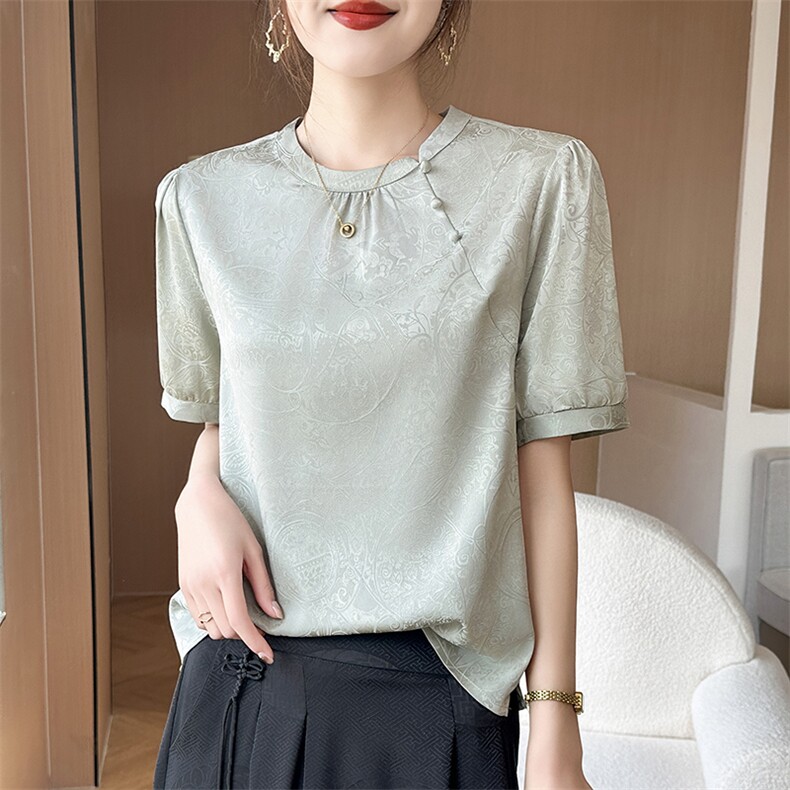 新中式休闲短袖t恤女夏季2025新款套头百搭上衣，女装衬衫，温伦斯特羊绒
