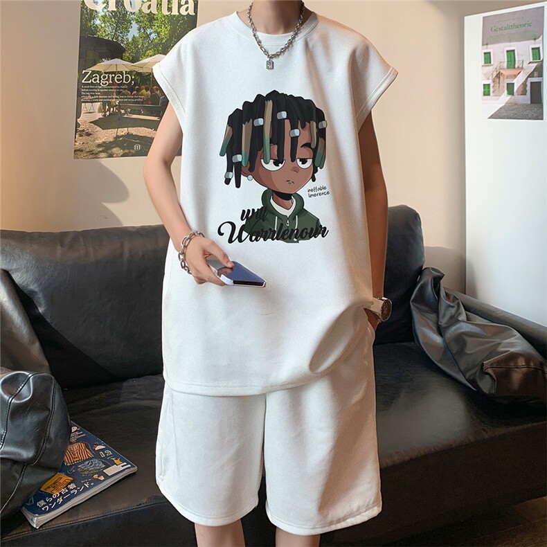 直播美式麂皮绒宽松背心无袖t恤短裤大码两件套套装TZ99-P58,男装T恤,电商A486