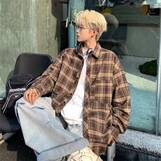 港风大码美式复古贴袋格子翻领长袖衬衫男XZ213-CS8805-P55控68，男装衬衫，星座213