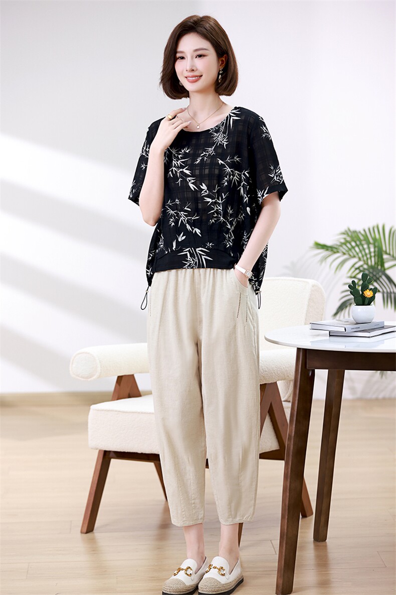 优雅印花宽松两件套女夏装新款时尚休闲裤套装,女装套装/套裙,叶笙衣