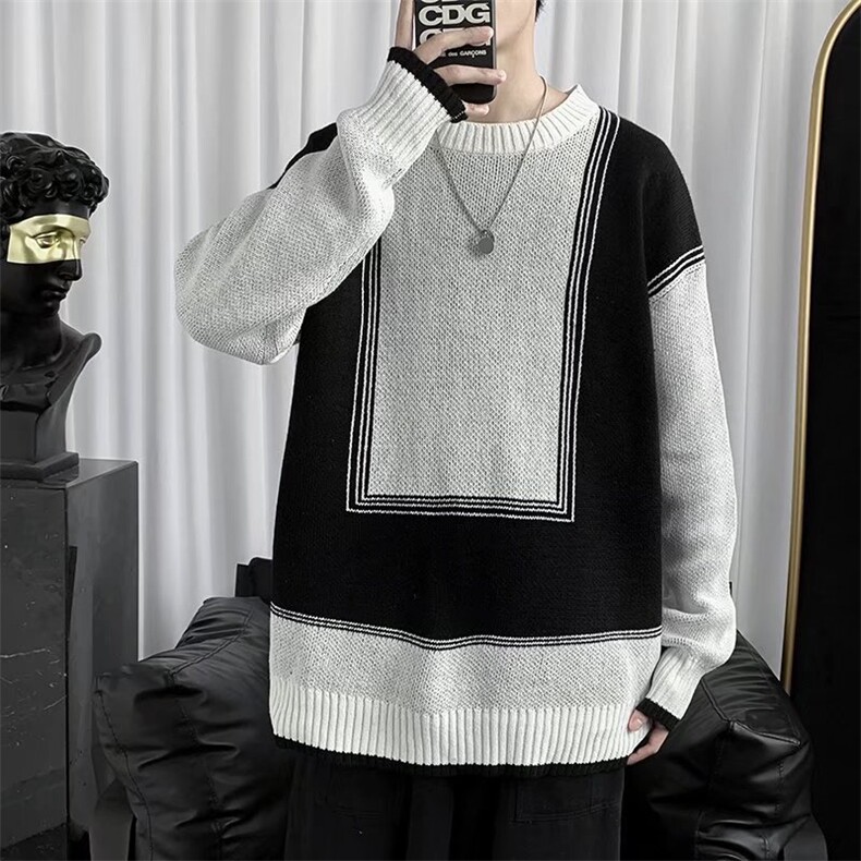 网红毛衣男春秋款潮流黑白方形拼色GM23P40，男装针织衫/毛衣，星座1116-2
