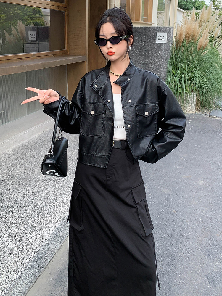 高级感休闲小皮衣外套女2024春季新款时尚百搭短款pu皮衣时尚夹克,女装皮衣,MQ