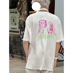抖音得物供货210克现货宽松纯棉美式潮牌印花落肩袖纯棉T恤AT2168图片