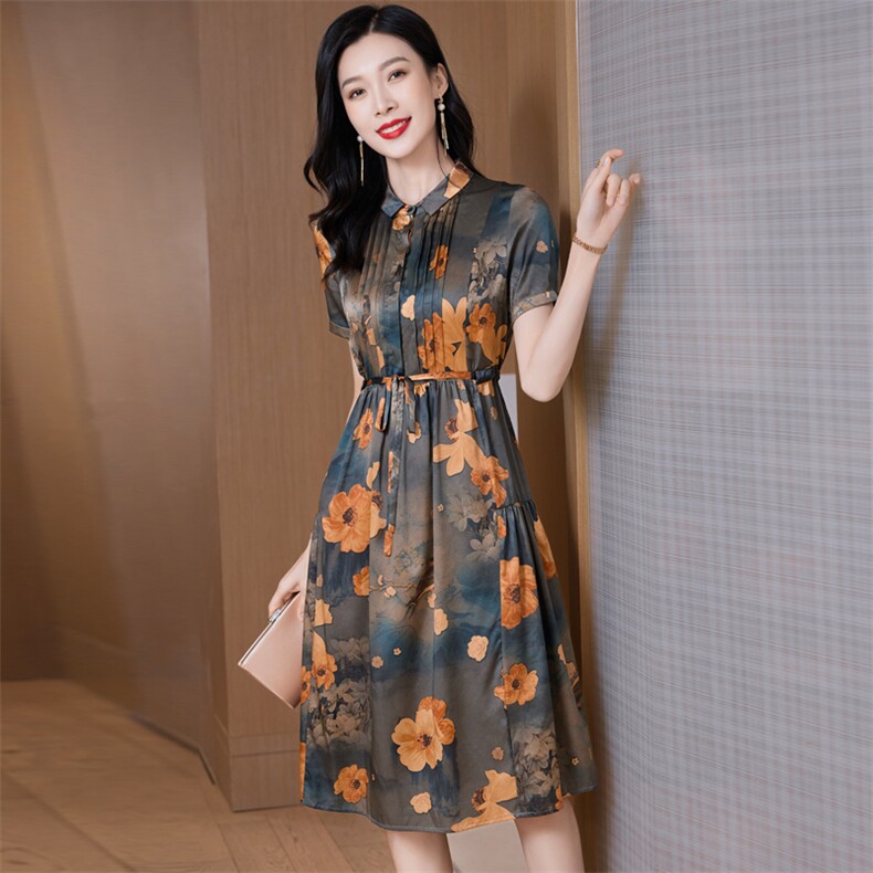 香云纱真丝连衣裙2023女夏季气质妈妈装高腰显瘦优雅高级感桑蚕丝,女装连衣裙,阿舍尔精品