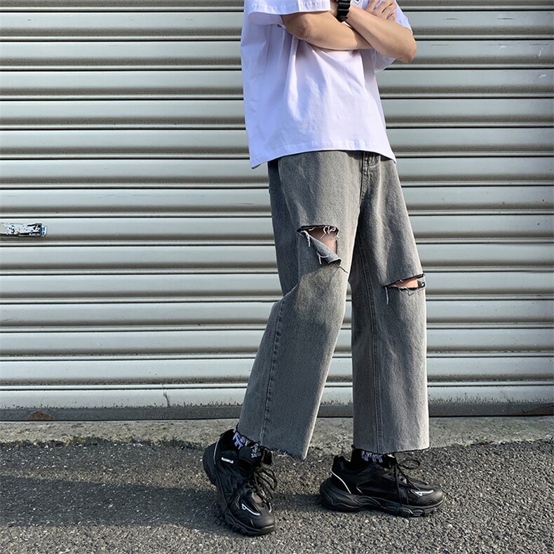 破洞牛仔裤烟灰色宽松直筒裤KD110-P45,男装牛仔裤,电商D312-1