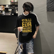 抖音得物高品质二开240克宽松纯棉美式潮牌三条杠织带短袖T恤，男装T恤，电商A486-1
