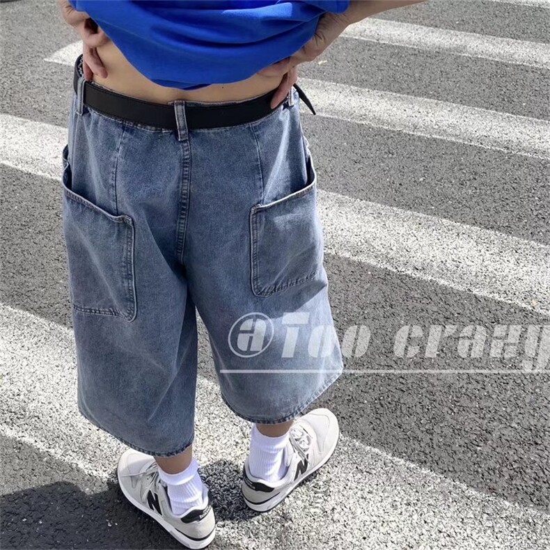 牛仔短裤男夏季港风宽松直筒潮牌阔腿七分裤工装休闲裤子D190-p40图片