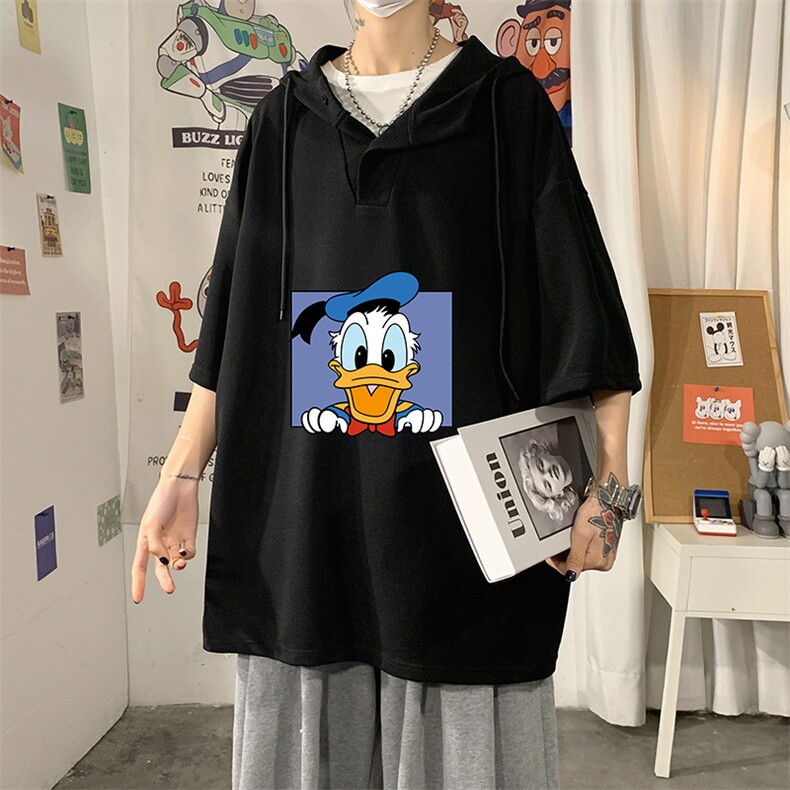 LD54223-P45唐老鸭连帽短袖t恤男大码胖子带帽五分袖中袖海报风,男装T恤,电商A040