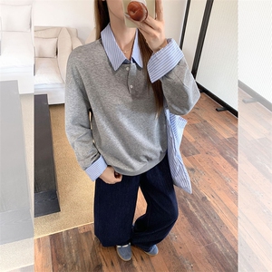 抖音得物高品质26春装美式高街假两件衬衫领长袖卫衣POLO领打底衫图片