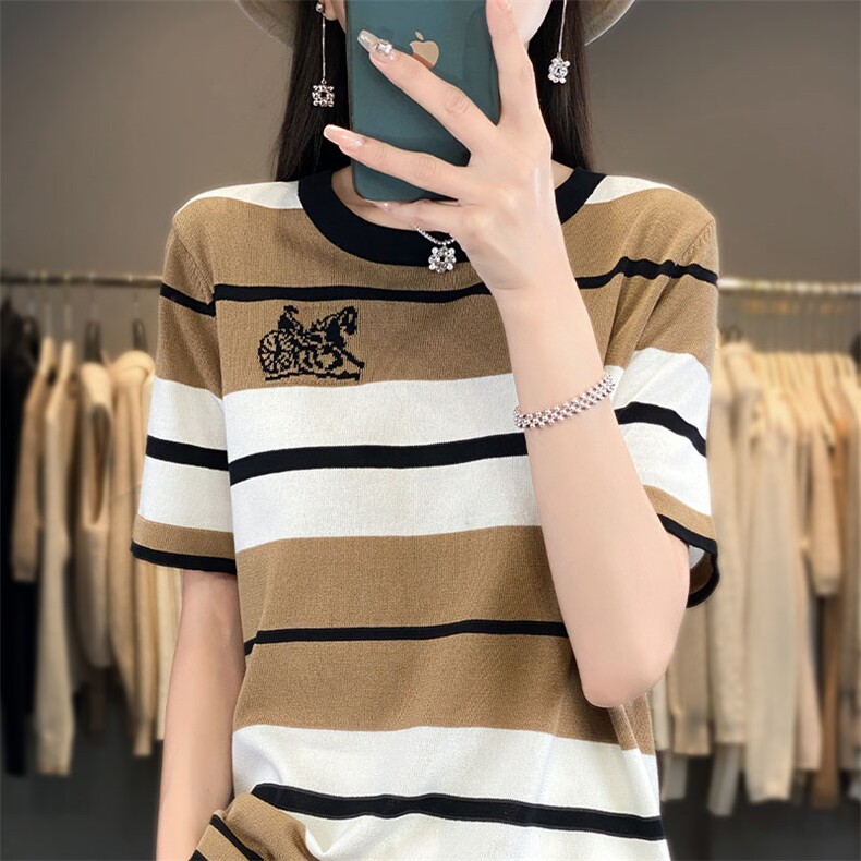 时尚条纹短袖冰丝针织衫女夏季新款宽松显瘦小马车刺绣上衣,针织衫/毛衣,萱芳婷羊绒