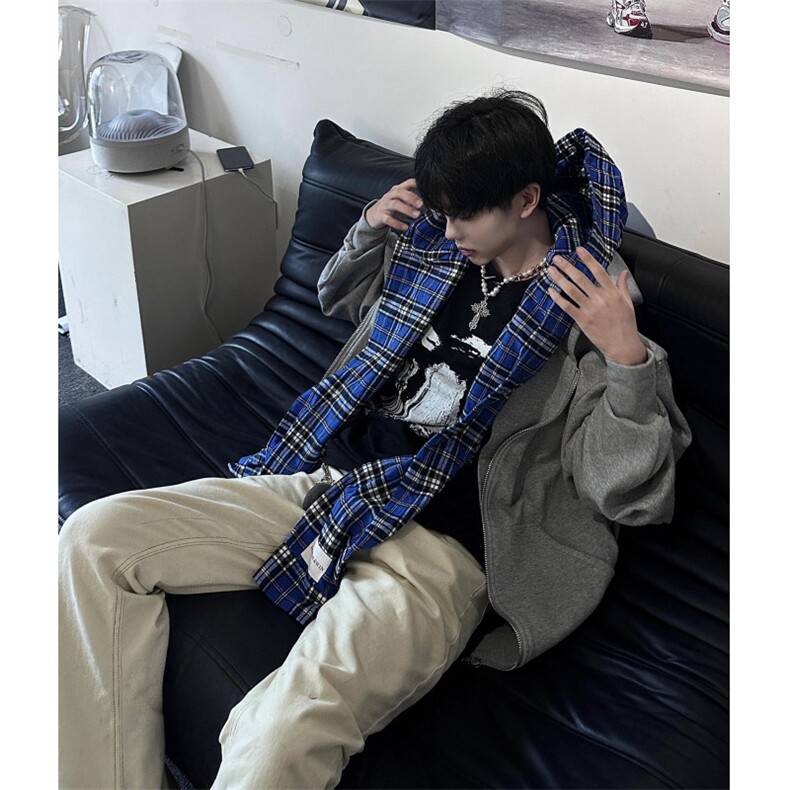 【有货】假两件格子拼接卫衣男款设计感连帽开衫外套JL97CC-特P68,男装卫衣,星座1007（原301D）
