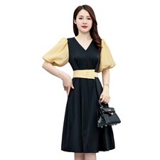 法式气质连衣裙女夏2022新款洋气减龄收腰显瘦拼接撞色中长款裙子，女装连衣裙，辉之琳