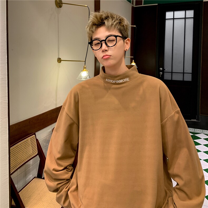 港风德绒打底衫半高领加厚内搭绣花情侣卫衣男女H906特批P25,男装T恤,电商A341