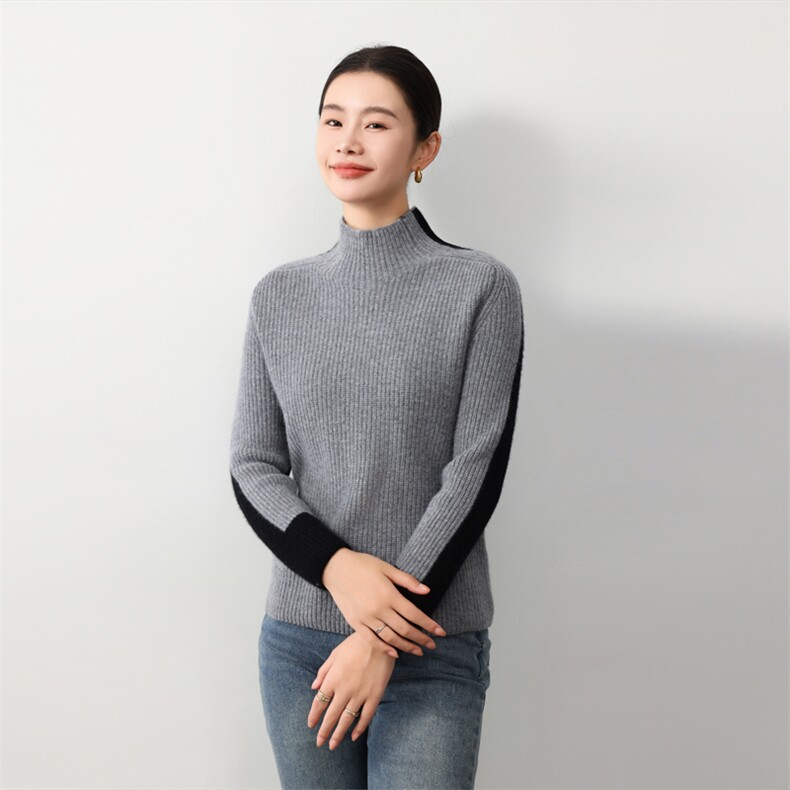 时尚女士欧美风拼色羊毛衫 高领修身显瘦羊毛毛衣图片