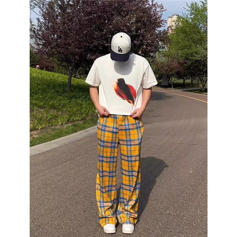 垂坠感格纹休闲裤日系撞色高街直筒裤子高级感CKA61-P45，男装休闲裤，星座208-5