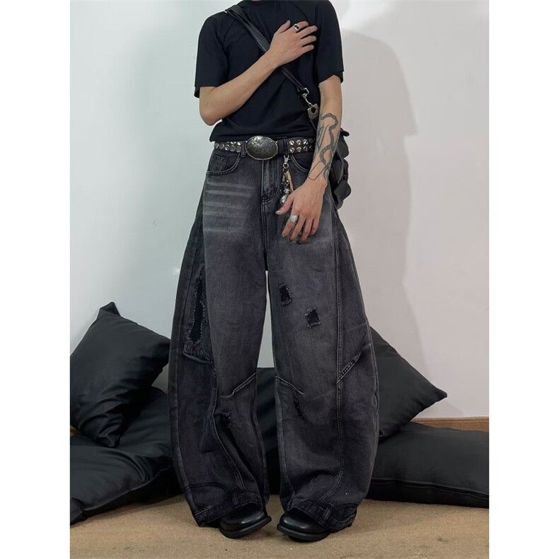 小众设计洗水割破解构弯刀老爹牛仔裤美式复古阔腿拖地长裤男图片