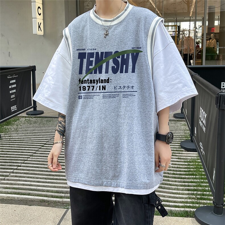 港风新款夏季假两件字母印花百搭潮流100棉短袖T恤T6616P40控58,男装T恤,电商A268A