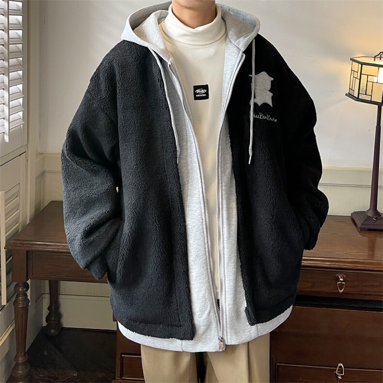 冬装假两件羊羔毛棉衣加厚棉服绣花外套A071-099-P125，男装棉衣，电商A071