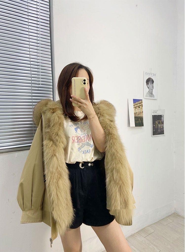 2021冬季新款可拆卸真獭兔毛内胆狐狸毛领后背织带皮草外套,女装皮草,L·H·X