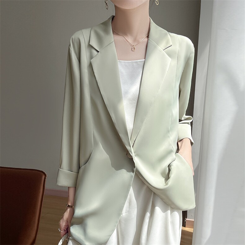2025春夏新款纯色醋酸缎面一粒扣宽松西服女气质薄款七分袖百搭,女装短外套,暖习羊绒