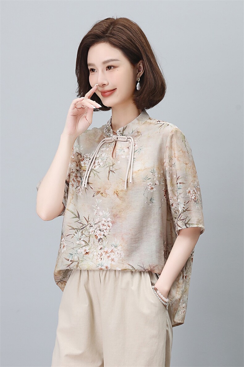2024年夏季复古花色文艺盘口时尚休闲小衫,女装蕾丝衫/雪纺衫,依恋蒂丝