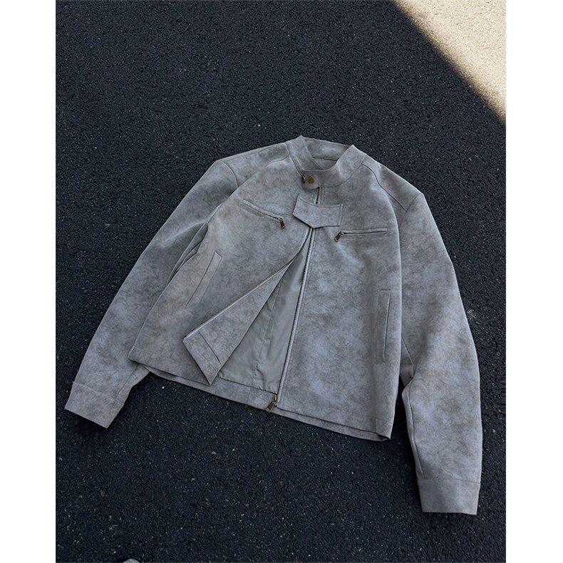 JK9922-P75控128秋季老钱风短款宽松夹克外套男潮牌扎染垫肩皮衣,男装夹克,电商A058-1（原电商C417）