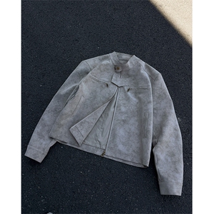 JK9922-P75控128 秋季老钱风短款宽松夹克外套男潮牌扎染垫肩皮衣图片