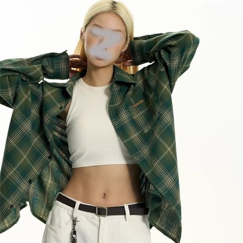 2025新款美式复古格子长袖衬衫女夏慵懒街头衬衣情侣薄外套潮,男装衬衫,星座1210-1