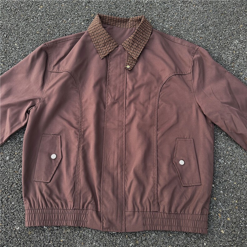JK733-M-3XL-特P52-美式复古哈灵顿夹克防风翻领撞色格子领外套图片