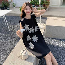 冷淡风小飞袖黑色立体花朵连衣裙女夏小香风高级感小众不撞款绝美，女装连衣裙，2C176