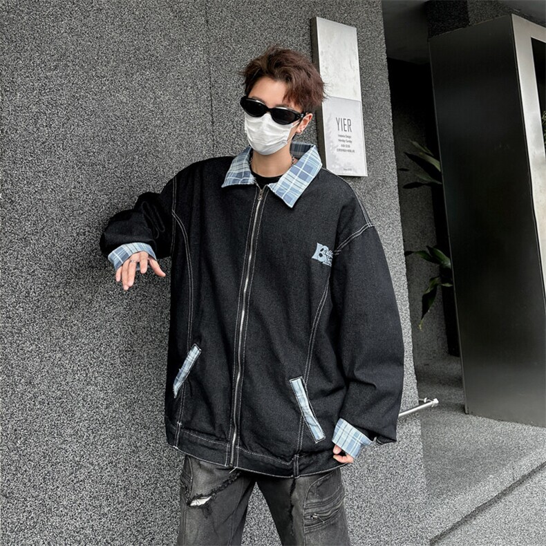 潮牌格子撞色翻领牛仔外套男女同款春秋季情侣夹克上衣JK03365图片