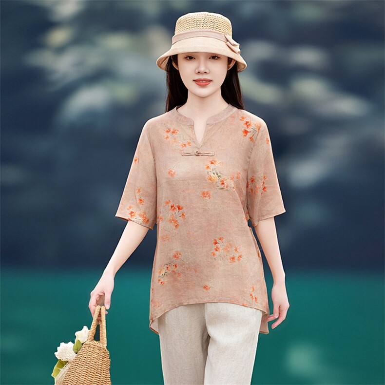 2026年春季短袖文艺风女宽松苎麻，女装衬衫，江南依恋