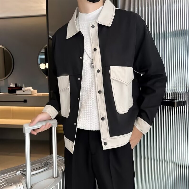 网红潮牌拼色工装外套男春秋季潮流痞帅翻领夹克韩版修身 JK003图片