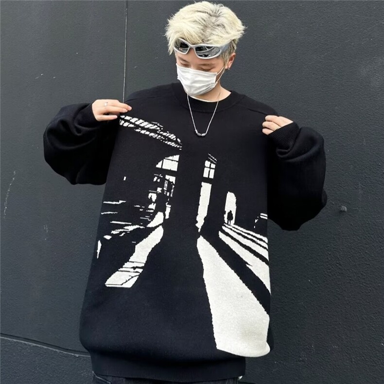 艺术剪影印花毛衣针织衫男宽松休闲圆领毛衣1001-1-M6030-P52，男装针织衫/毛衣，星座1001-1