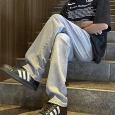 港风夏款男牛仔裤复古水泥色宽松微喇叭直筒长裤NK0906P45，男装牛仔裤，星座1013-1