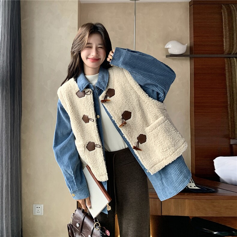 加棉蓝色衬衫棉服叠穿羊羔毛马甲套装女2025冬季新款学院风两件套图片