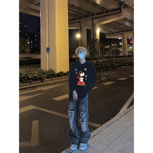美式复古史努比印花长袖T恤小领口打底衫图片