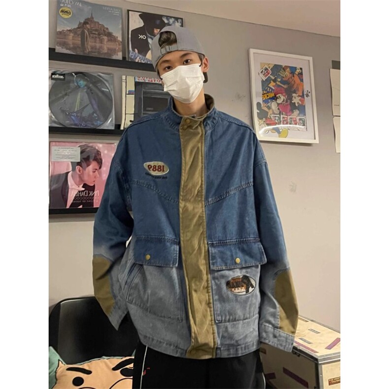 美式复古拼接渐变水洗牛仔外套男春秋季高街潮牌宽松百搭翻领夹克,男装工装外套,星座1210-1