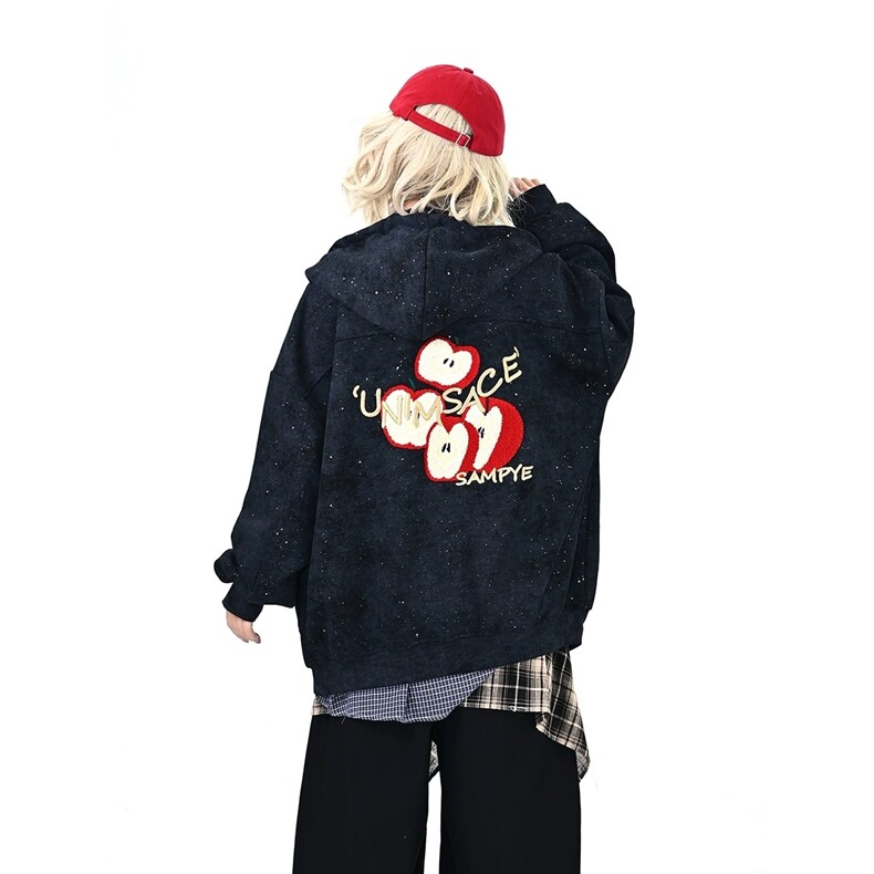 冬新款苹果刺绣连帽卫衣女宽松趣味设计感亮片开衫外套WY8334 P79图片