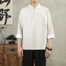 风男装棉麻男士立领七分袖男士T恤T085P70，男装T恤，钱塘802