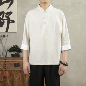 风男装棉麻男士立领七分袖男士T恤T085P70图片