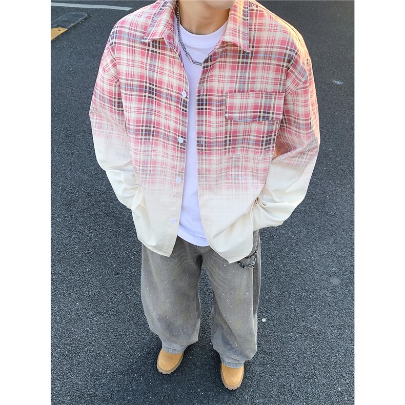 春季新款渐变晕染流动感格纹衬衫C0559-P58,男装衬衫,星座308B-2