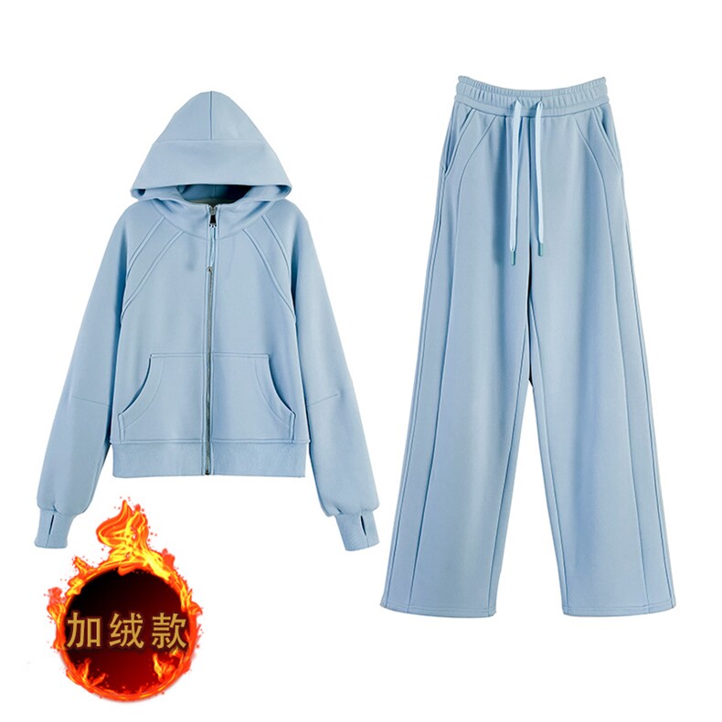 盐系穿搭休闲运动加绒外套阔腿裤套装，女装套装/套裙，江南