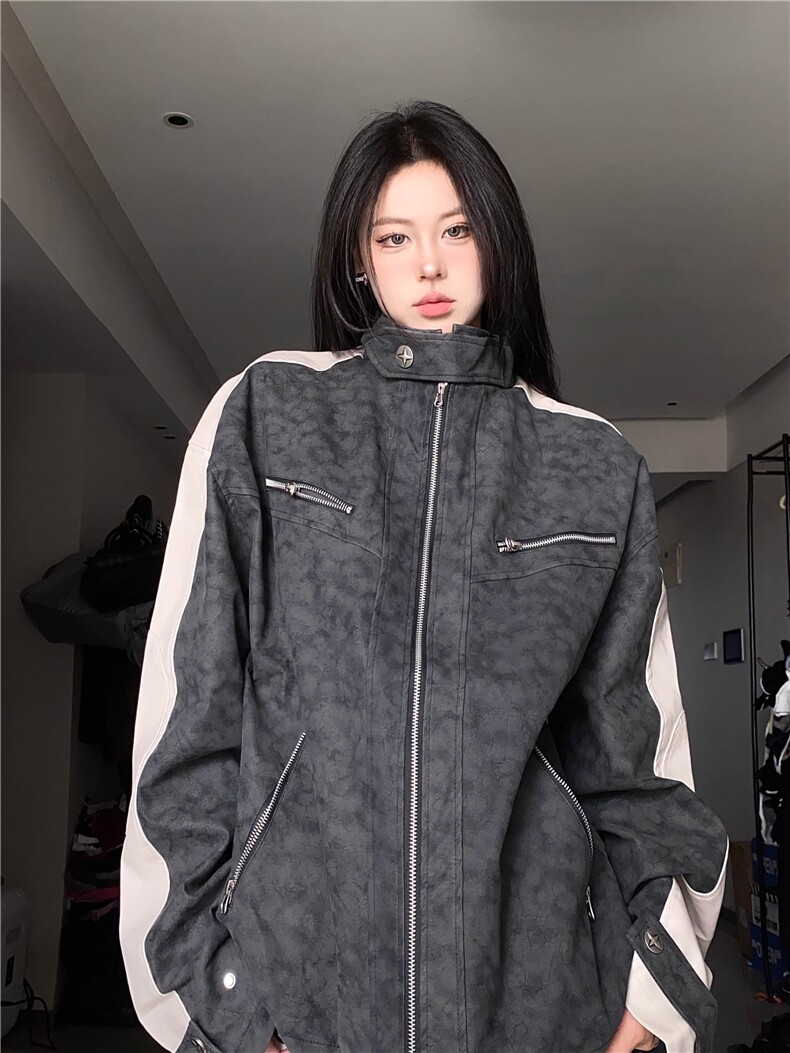 GC0728-P75网图复古机车磨砂拼皮立领棒球服飞行皮衣夹克外套女,男装皮衣,电商C233