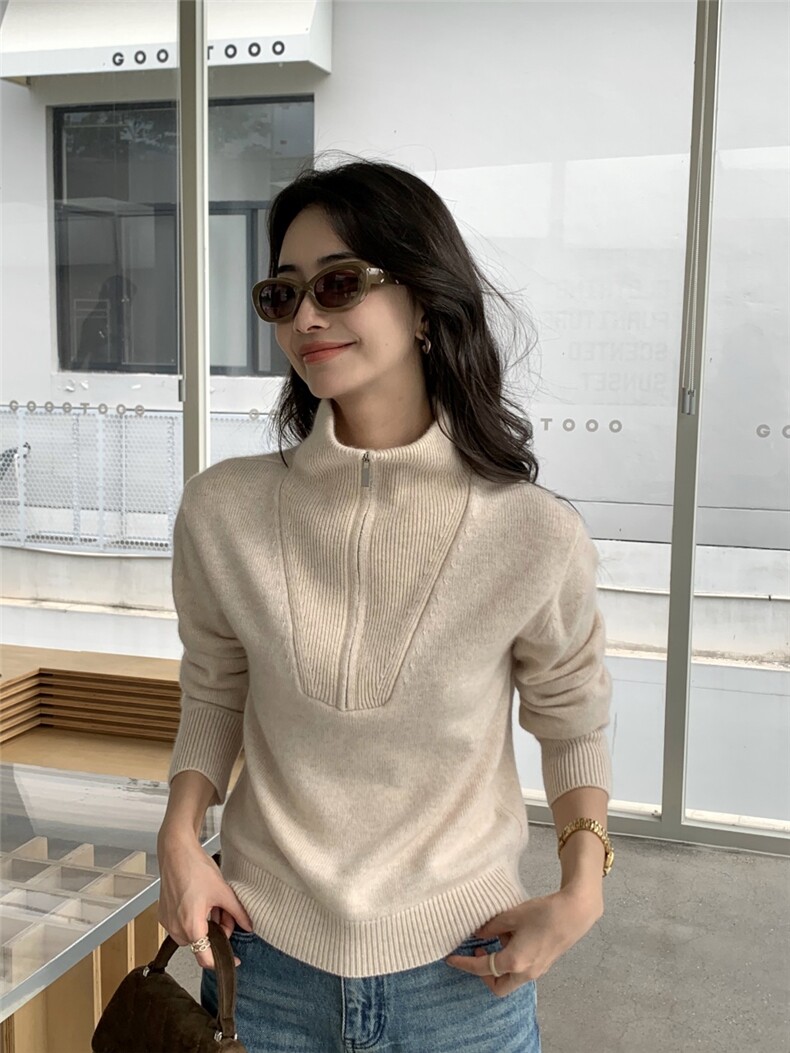 秋冬新款半高领女半拉链修身套头毛衣保暖上衣针织衫打底,针织衫/毛衣,玛卡隆羊绒