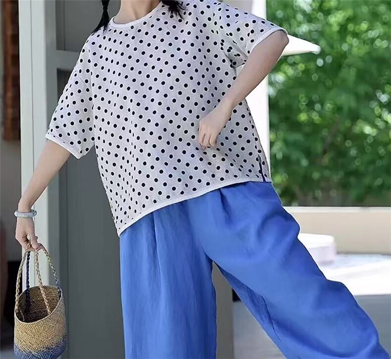 夏季雨露汉亚麻波点短袖衬衫圆领百搭显瘦透气舒适宽松上衣,女装T恤,鑫萬耀羊绒