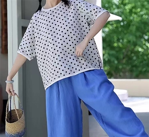 夏季雨露汉亚麻波点短袖衬衫圆领百搭显瘦透气舒适宽松上衣图片