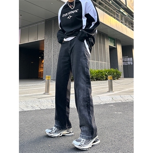 美式高街vibe风直筒长裤欧美痞帅男hiphop复古水洗拼接工装牛仔裤图片