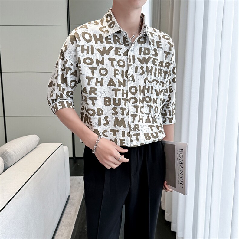 2025春季新款衬衫 男士夏季七分袖衬衫印花棉质上衣男901-C39P58图片