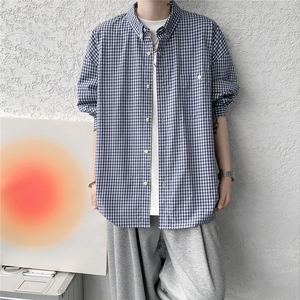 8XL-M miu系穿搭复古蓝格子衬衫男宽松纯棉长袖衬衣男 CS540-P45图片